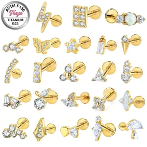 G23 ASTM F136 Titanium Zircon Ear Helix Cartilage Stud Earrings Labret Lip Internal Thread Body Piercing Jewelry