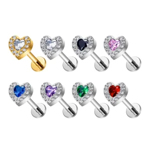 G23 Titanium 16G Ear Piercing Flat Back Fashion Earrings Conch Tragus Helix CZ Paved Heart Shaped Labret Lip Pierc Body Jewelry