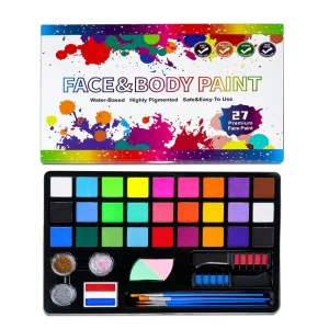 GP 27 Colors Water Based Vegan Washable Non Toxic Face & Body Paint Kit with UV Neon Split Colors for Kids DIY