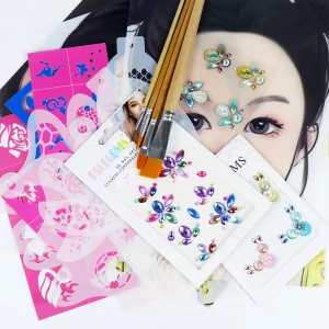 GP High Quality Body Art Accessories Reusable Henna Stencils and Face Jewel Gem Stickers Premium Face Painting Brush Set