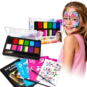 GP Kids Water Based Glitter Face Paint Kit Professional Washable Body Paint with Brushes for Festival Birthday Party