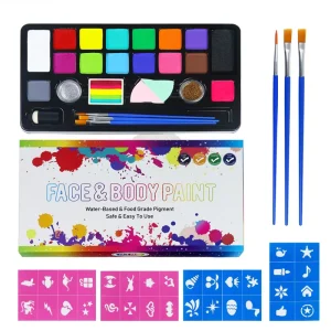 GP Professional Non toxic 16 Colors Water Based Washable Face & Body Paint Kit for Kids Halloween Makeup with Glitter Stencil