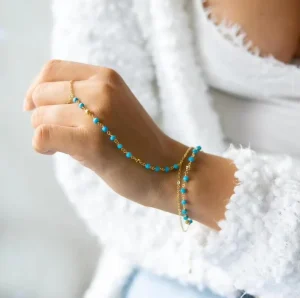 Gemstone Slave Bracelet Non Tarnish 18K Gold Plated Stainless Steel Finger Ring Bracelet Turquoise Hand Chain Bracelet