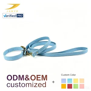 Genuine Leather Dog Collar and Leash Combo Gold Metal Buckle Hand Stitched Seam Pet Accessories