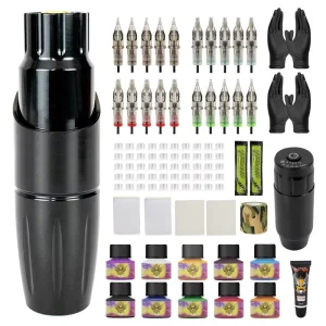 Ghostaxe Rechargeable Wireless Tattoo Machine Kit Professional Tattoo Gun Set with Needles Nitrile Gloves