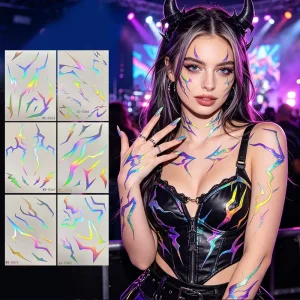 Girl Group Style Witch Hunter Mixed Tribal Holographic Laser Cyberpunk Iridescent Rainbow Temporary Tattoo Stickers
