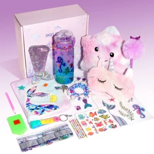 Girls Mermaid Birthday Gifts Set with Light Up Star Pillow Diary Plush DIY Water Bottle Kits