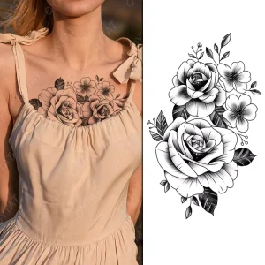 Girls Women Sketch Style Sexy Breast Chest Belly Shoulder Water Transfer Body Art Fake Black Flower Tattoo Temporary
