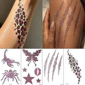 Glitter Leopard Print Temporary Tattoo Sticker Purple Sparkly Butterfly Scorpion Spider Star Body Art Waterproof Fake Tattoo