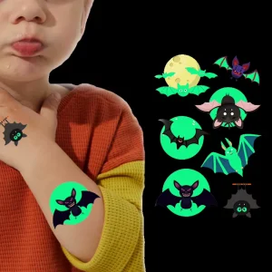 Glow in Dark Fluorescent Green Light Temporary Tattoo Sticker for Kids Halloween Night Luminous Bat Moon Design for Baby