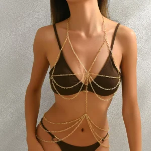 Gold Full Body Chain Jewelry Sexy Dress Chain Top Lurxry Women’s Belly Chain Bikini Gold Chest Bra Jewlery Custom