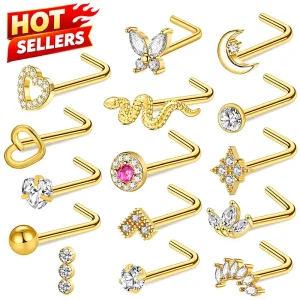 Gold L rod Small Snake Nose Ring Stainless Steel Heart shaped Nose Stud Simple Women’s Body Jewelry