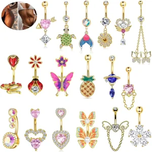 Gold Plated Butterfly Flower 14g Stainless Steel Navel Ring Women Zircon Dangle Belly Piercing Jewelry OEM
