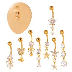Gold Plated Jewelry Waterproof CZ Dangle Belly Button Ring Butterfly Flower Pendant Navels Stud Navel Piercing Jewellery