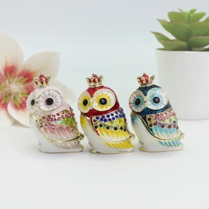 Gold-Plated Metal Craft Enamel Barn Owl Trinket Box Mini Ring Necklace Jewelry Organizer Bejeweled Storage Modern Figurine