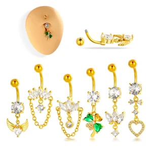 Gold Plated Zircon Belly Button Rings Flowers Heart Dangle Navel Ring Externally Thread Navels Piercing Jewelry