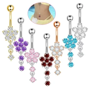 Gold Stainless Steel 8colors Belly Bars Zircon Flower Design Body Navel Dangle Rings Wedding and Gift Piercing Jewelry