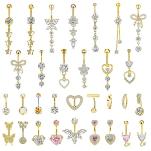 Gold Stainless Steel Navel Nail Heart Butterfly Pendant Little Devil Flower Zircon Navel Ring Puncture Jewelry