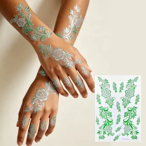 Gold Stamping Henna Temporary Tattoo Stickers Waterproof Red Green Floral Mehndi Body Art Sticker for Wedding Festival Party