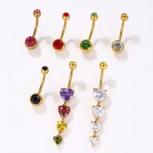Golden Navel Ring Colored Zircon Heart shaped Navel Stud Peach Navel Stud Navel Decoration Piercing Accessory