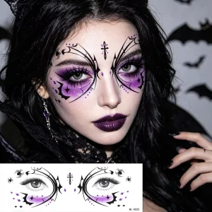 Gothic Dark Style Butterfly Wings Bat Cross Face Temporary Tattoo Sticker Waterproof DIY Eye Makeup Sticker for Cosplay Festival