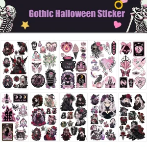 Gothic Girl Halloween Temporary Tattoo Stickers for Body Decor Cute Lolita Pink Black