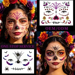 Gothic Halloween Face Tattoo Sticker Devil Succubus Cosplay Stage Makeup Vibrant Sugar Skull Temporary Body Art Face Decals