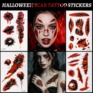 Gothic Horror Wound Temporary Tattoo Sticker Realistic Blood Stitch Scar Tattoo Long Lasting for Halloween