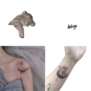 Gothic Moon Whale 3D Tattoo Stickers Cute Tiger Cartoon Waterproof Temporary Tattoos for Collarbone Dark Aesthetic Body Art