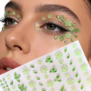 Green Floral Self Adhesive Face Rhinestone Gem Stickers Durable Removable Summer Nail Body Art Temporary Tattoos for Festival