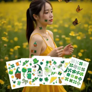 Green Irish Shamrock Self Adhesive Four Leaf Clover Stickers for Kids St Patricks Day Face Body Party Celebrations
