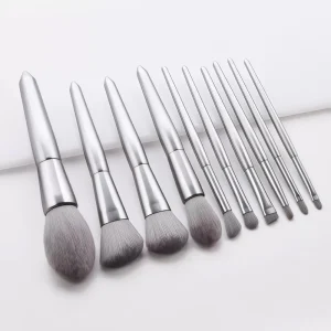 Grey Vegan Synthetic Makeup Brush Set for Professional Use with Private Logo Silver Travel Pouch