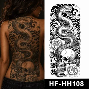 HF Black Ink Full Back Temporary Tattoo Sticker for Men Water Transfer Waterproof Large Size Body Art Custom Design