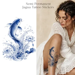 HF Realistic Lucky Koi Temporary Tattoo Long Lasting Waterproof Body Sticker Traditional Chinese Blue White Ink Painting Style