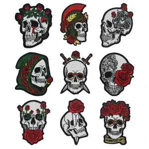 Halloween American Old School Dark Tattoo Luminous Skull Rose Iron-on Gothic Romantic Floral Embroidery Patches For Clothing