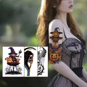 Halloween Decorations Party Supplies Flower Arm Waterproof Temporary Tattoo Stickers Pumpkin Skull for Men and Women