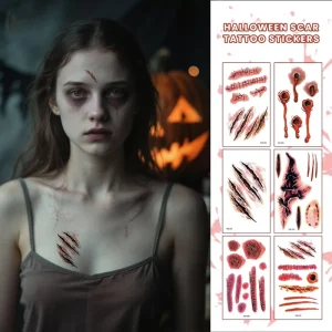 Halloween Horror Scar Tattoo Transfer Stickers Waterproof Sweat Proof Bloody Wound Knife Face Decals Cosmetic Party Makeup