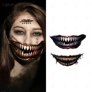 Halloween Horror Thriller Body Art Big Mouth Temporary Tattoo Sticker Water Transfer Waterproof Printing for Body Decoration