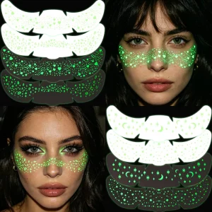 Halloween Luminous Face Stickers Glow in the Dark Stars Moons Heart Pattern Eye Temporary Tattoo Decals for Night Club Rave