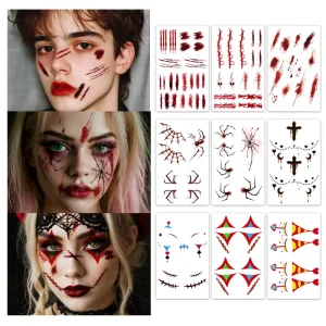Halloween Temporary Tattoos Face Sticker Blood Scar Clown Spider Skull Bat Pumpkin Cartoon Waterproof Tattoo for Face Arm Neck