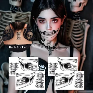 Halloween Waterproof White Tattoo Stickers Scary Mouth Skeleton Bones Collarbone Temporary Tattoos for Body & Face