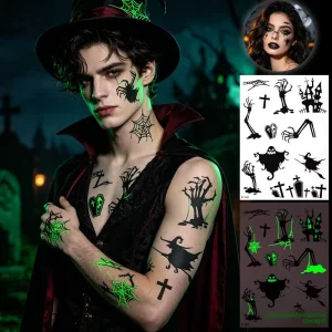 Halloween Wound Scar Luminous Temporary Tattoo Stickers 3D Spider Web Makeup Kit Realistic Fake Face Tattoos Sticker