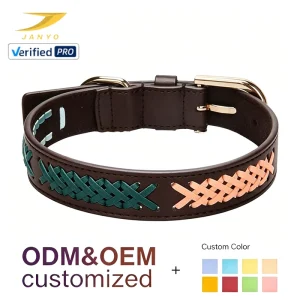 Hand Woven Colorful Leather Pet Belt Neck Collar Pastel Braided Decor Gold Metal Buckle Adjustable Leather Dog Collar