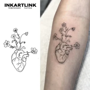 Heart Flower 15Days Tattoo Stickers Fine Line Black Ink Body Art for Women Men Temporary Tattoo