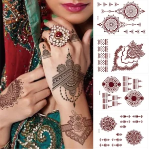 Henna Tattoo Sticker Brown Sexy Fashionable Temporary Tattoo Stickers Paper Lace Floral Waterproof Fake Tattoo Design for Women