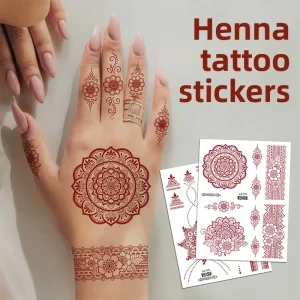Henna Tattoo Stickers Brown Red Floral Back of Hand Design Waterproof Lace Business Gifts Custom Logo