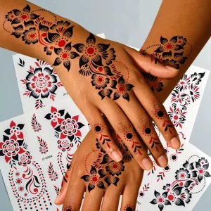 Henna Temporary Tattoo Stickers Retro Black Red Flower Floral Lace Pattern Waterproof Temporary Tattoos for Party Decoration