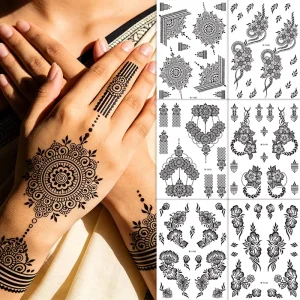Henna Waterproof Lace Removable Elegant Black Premium Mandala Design Temporary Tattoo Stickers