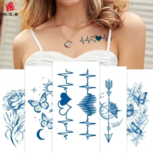 Herbal Juice Temporary Tattoo Sticker Minimalist Line Art Small Design Blue Customizable Waterproof Long-Lasting 2 Weeks Tattoo