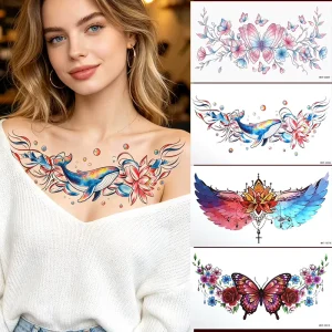 High Fidelity Indian Watercolor Blue Whale Lotus Flower Artistic Vivid Gradient Colors Eco Friendly Back Shoulder Temporary